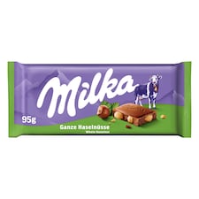 Milka Wholenut mléčná čokoládová tabulka z alpského mléka s celými jádry lískových ořechů 95 g