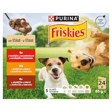 PURINA FRISKIES Adult výběr s hovězím, kuřetem a jehněčím ve šťávě 24 x 85g