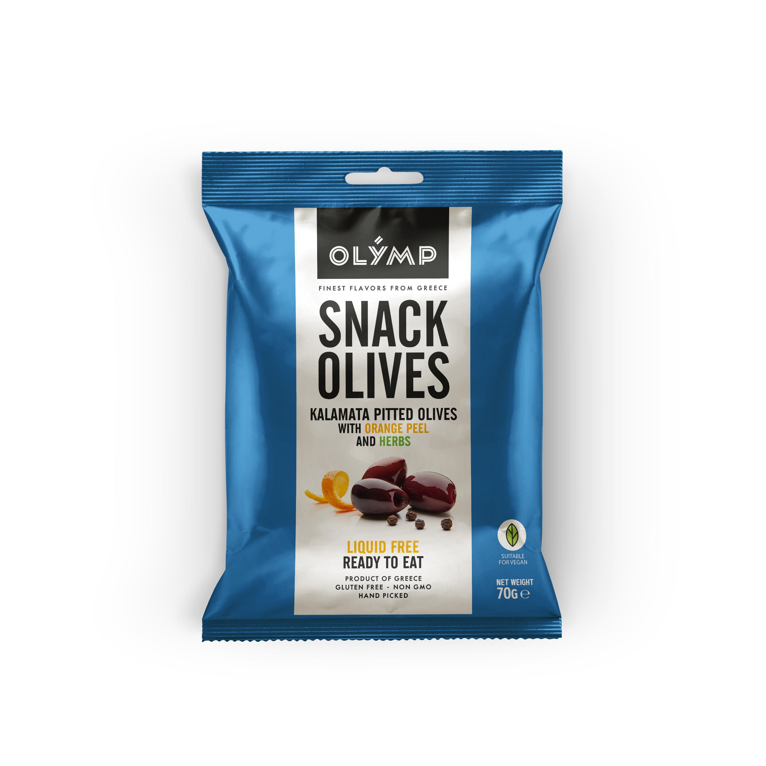 Olymp Kalamata tmavé olivy bez pecky s pomerančovou kůrou a bylinkami 70 g