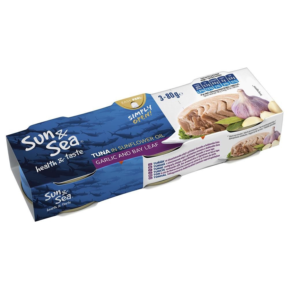 Sun&Sea Tuňák ve slunečnicovém oleji s česnekem a bobkovým listem 3x80g