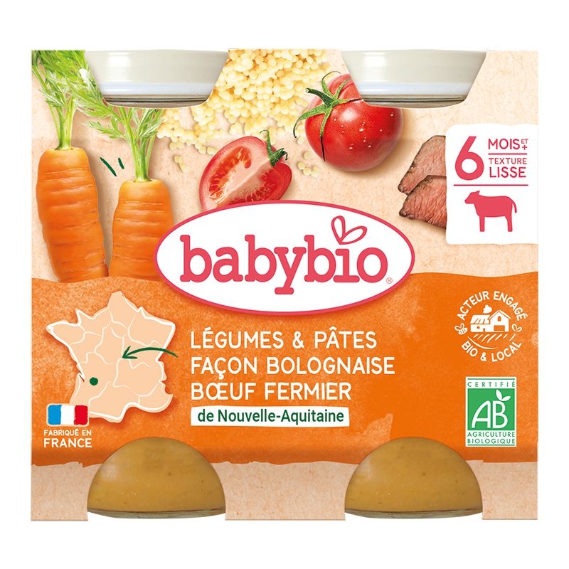 Babybio Zelenina s těstovinami na boloňský způsob s farmářským hovězím masem 2x200 g