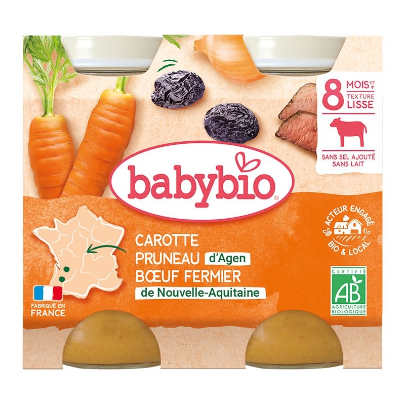 Babybio Mrkev a suš. švestky s hovězím masem 2x200 g