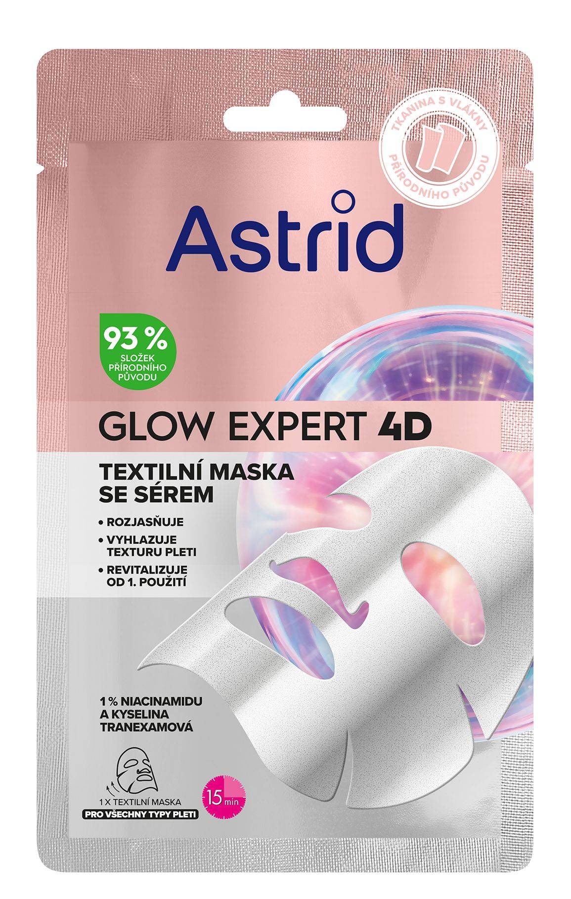 Astrid Glow Expert Stříbrná textilní maska pro rozjasnění a vyhlazení pleti s niacinamidem a kyselinou tranexamovou 1ks
