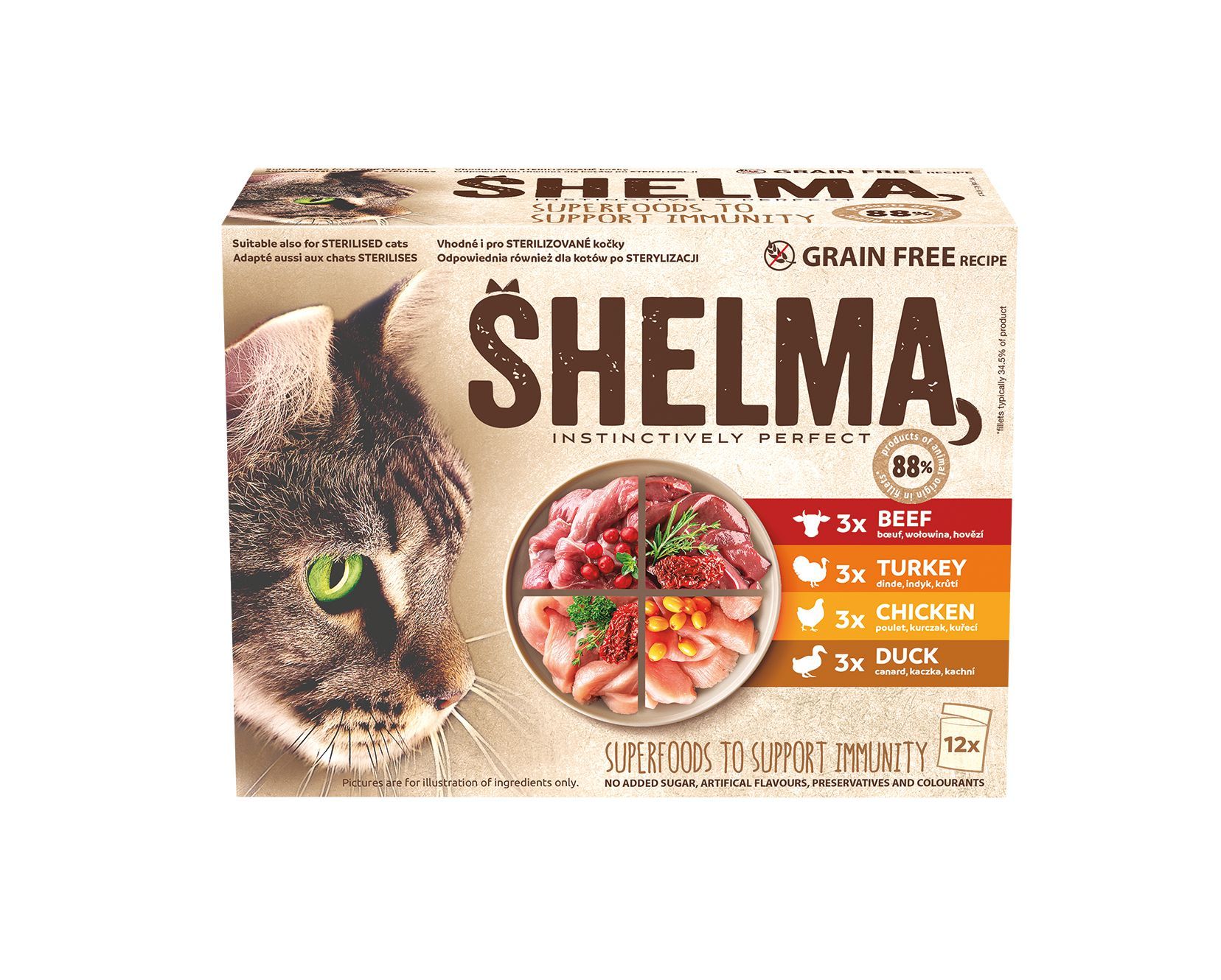 Shelma kapsa pro kočky 4 druhy masa 12x85 g