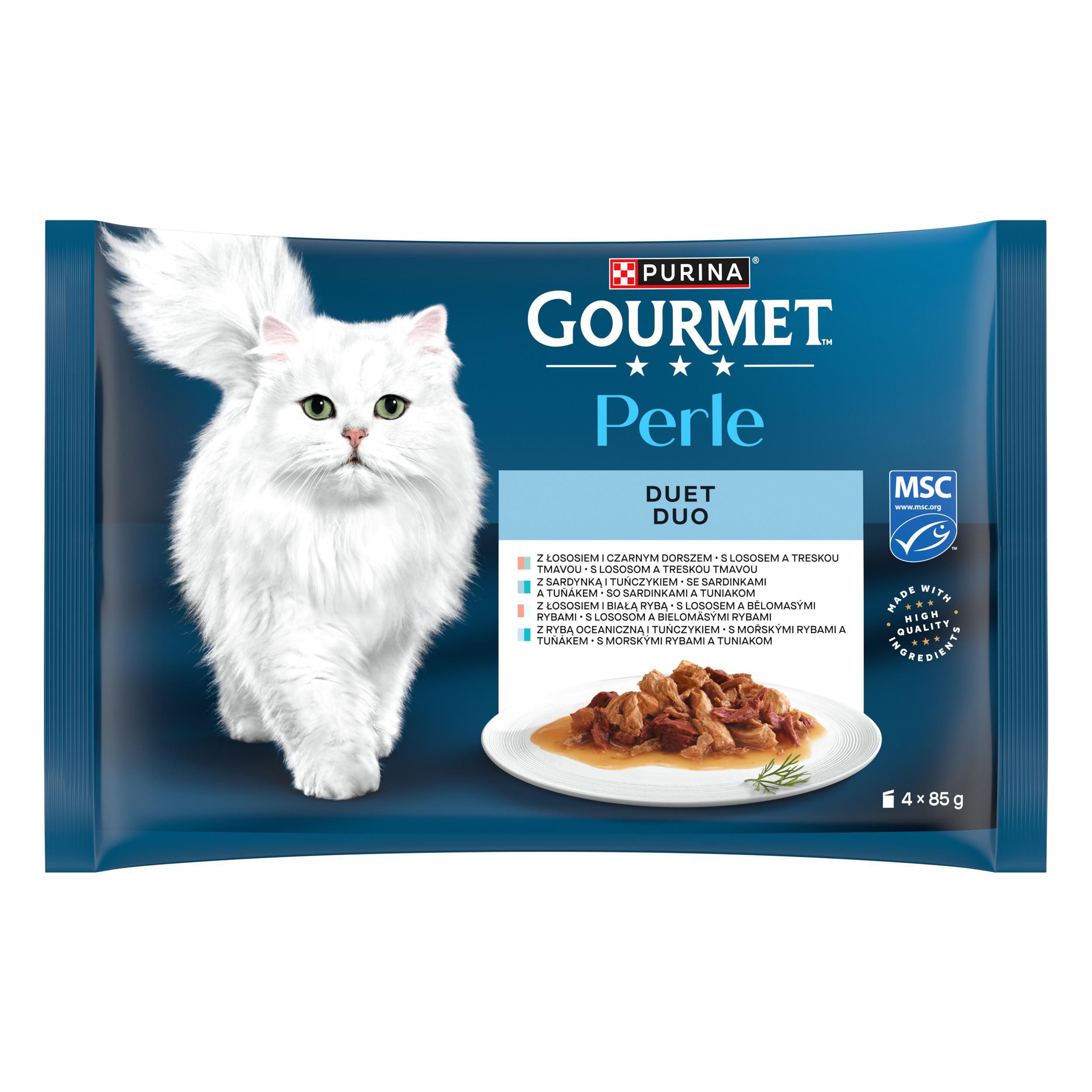 Gourmet Perle multipack 4x85g losos s treskou/mořské ryby s tuňákem/losos s bělomasými rybami/sardinky s tuňákem