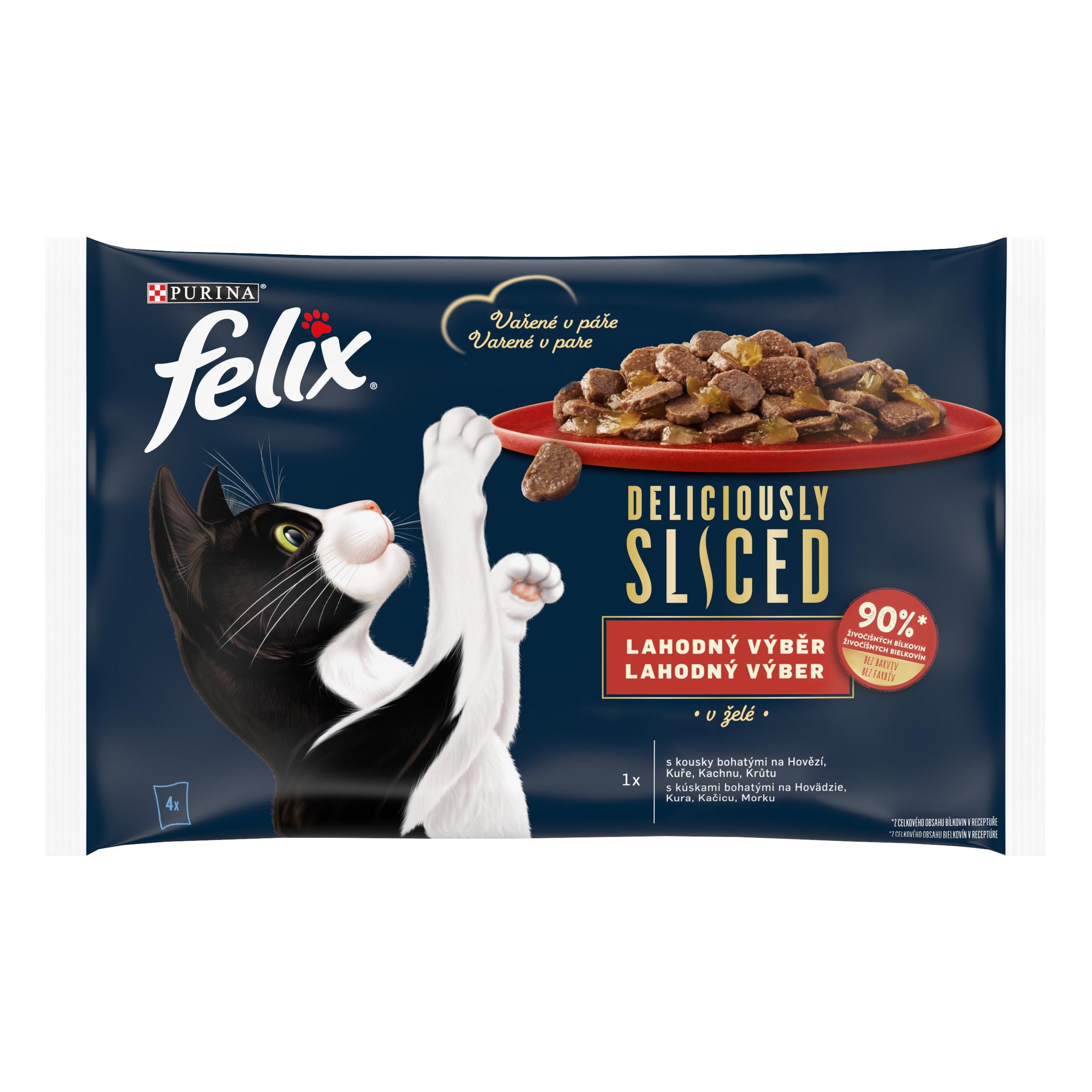 Felix Deliciously Masové kousky v želé s příchutí hovězího, kuřecího, kachního a krůtího masa 4 x 80 g