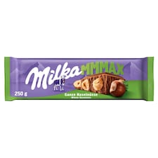 Milka Wholenut mléčná čokoládová tabulka z alpského mléka s celými jádry lískových ořechů 250 g