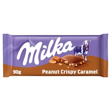 Milka Peanut Crispy Caramel mléčná čokoláda z alpského mléka s arašídy a karamelovými kousky 90 g