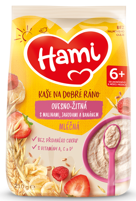 Hami Mléčná ovesno-žitná kaše s Malinami, jahodami a banánem
