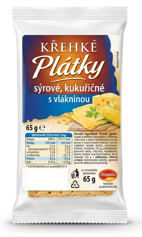 Křehké plátky sýrové, kukuřičné s vlákninou