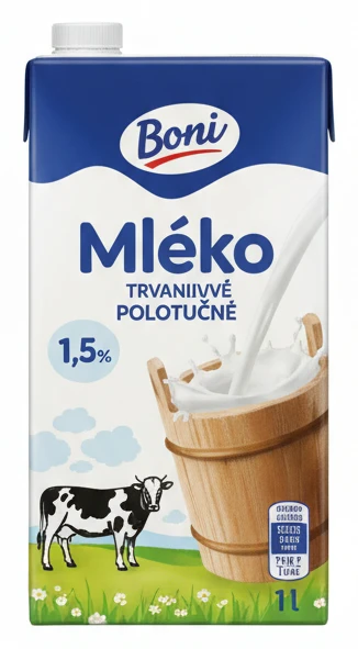 Trvanlivé mléko Boni polotučné 1,5% tuku