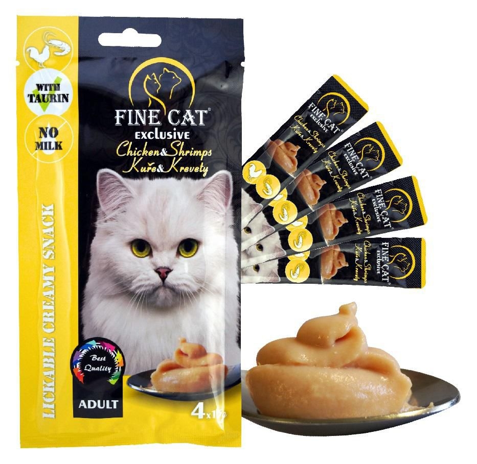 FINE CAT Exclusive Krémová svačinka pro kočky KUŘE & KREVETY 4x15g
