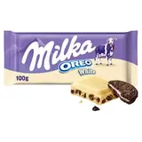 Milka Oreo White bílá čokoláda z alpského mléka s kousky kakaových sušenek a vanilkovou náplní 100 g