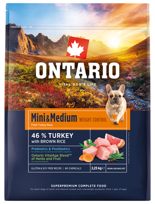 Ontario Krmivo Mini & Medium Weight Control Turkey & Brown Rice pro psy