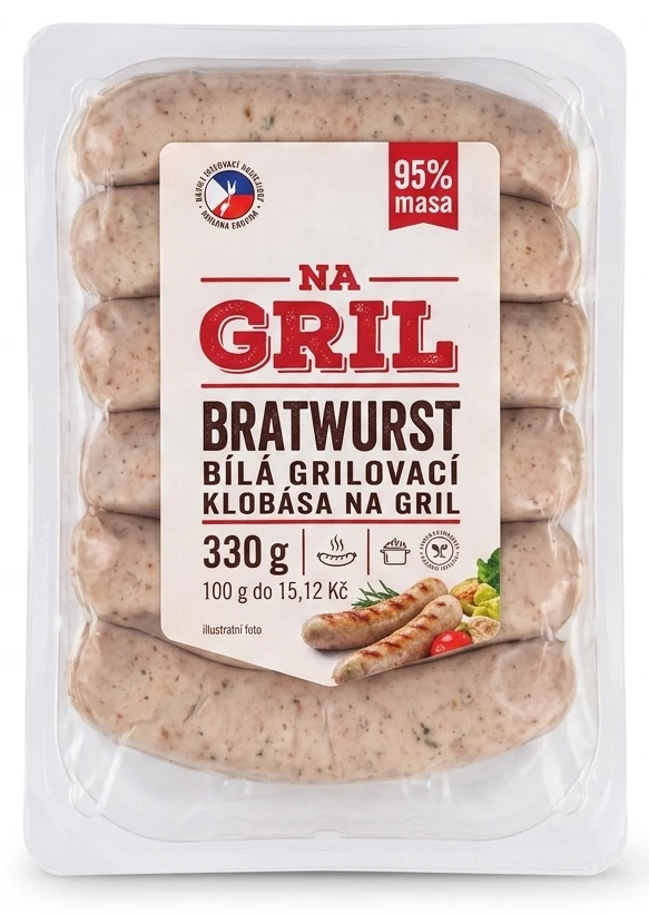 Bratwurst bílá grilovací klobása na gril