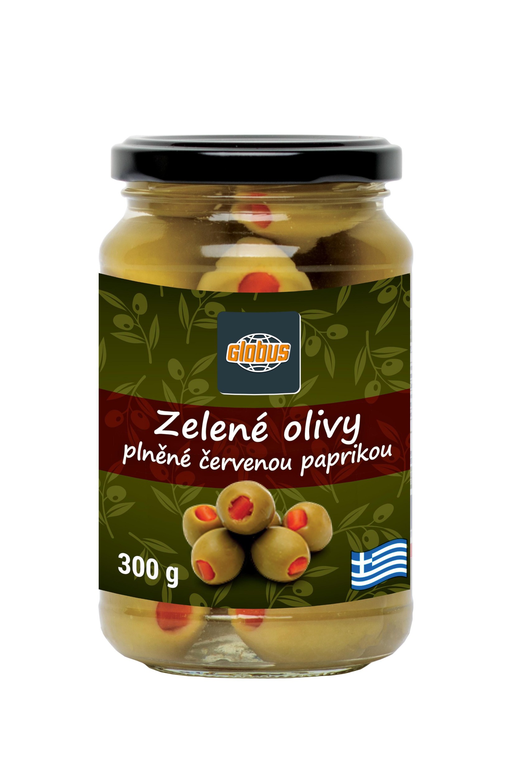 Zelené olivy plněné červenou paprikou 300g
