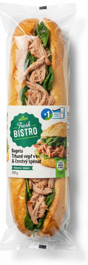 Bageta Trhané vepřové & čerstvý špenát