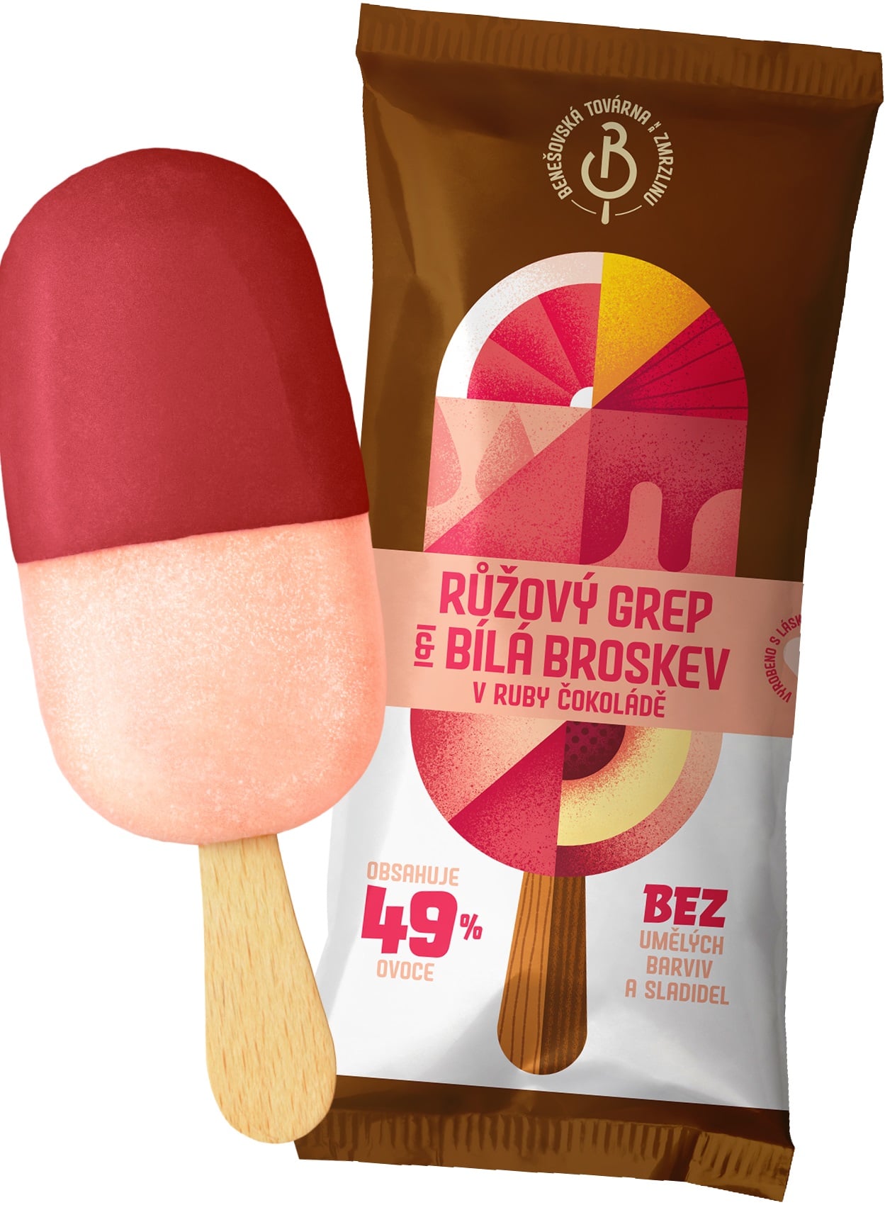 Benešovská továrna na zmrzlinu Nanuk růžový grep & bílá broskev v ruby čokoládě