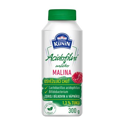 MLÉKÁRNA KUNÍN Mléko acidofilní malina chlaz. 300 g