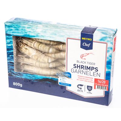 METRO Chef Krevety Black Tiger celé neloupané 16/20 mraž. 800 g