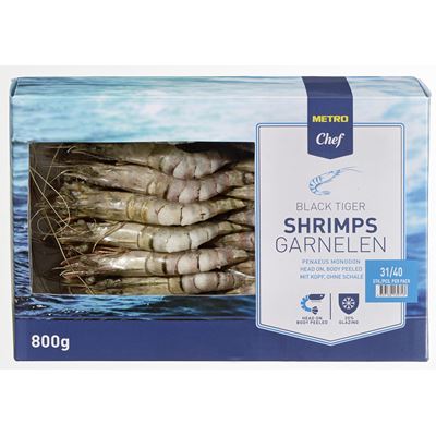 METRO Chef Krevety Black Tiger krevety celé neloupané (s hlavou i pancířem) 30/40 mraž. 800 g