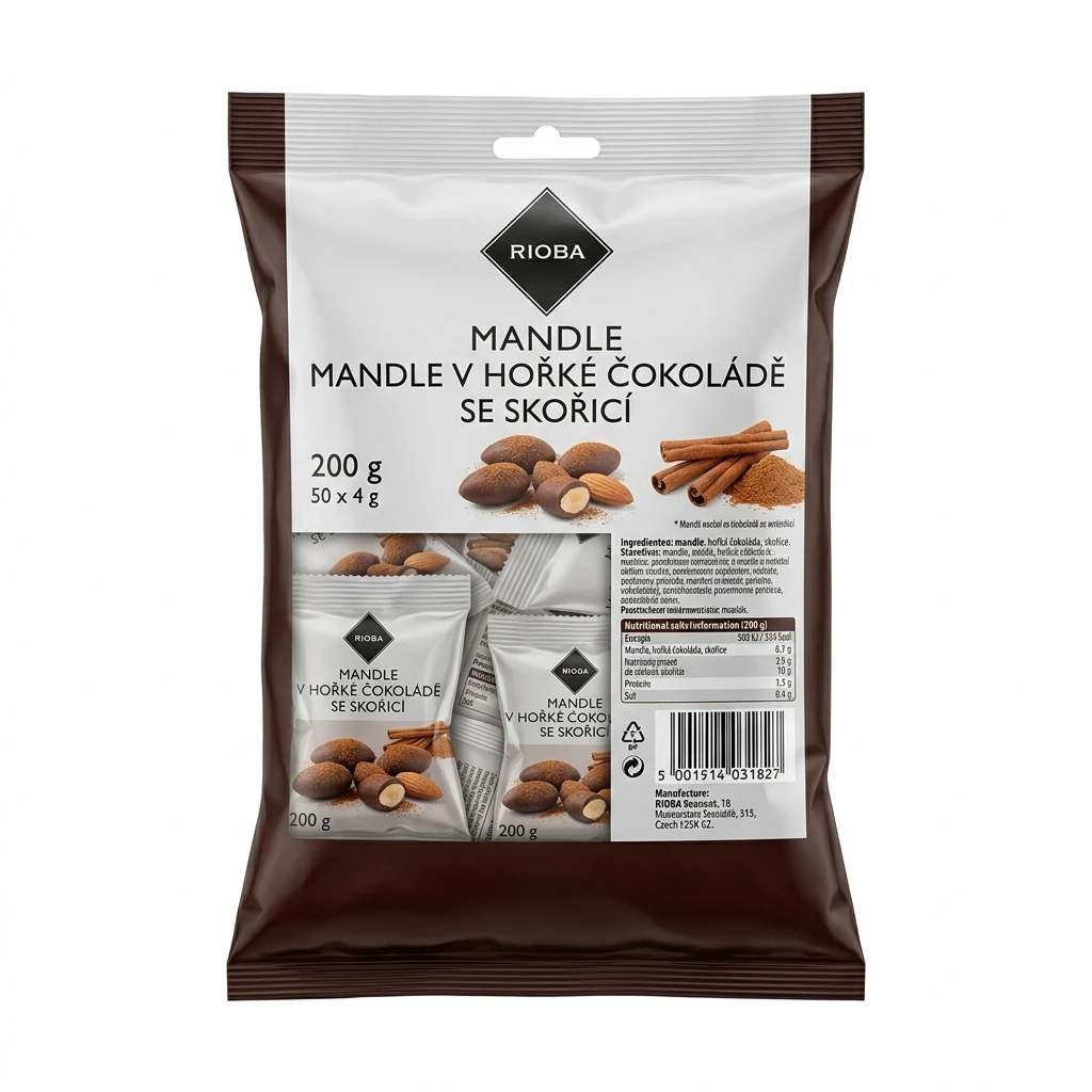 RIOBA Mandle v hořké čokoládě se skořicí 50 x 4 g