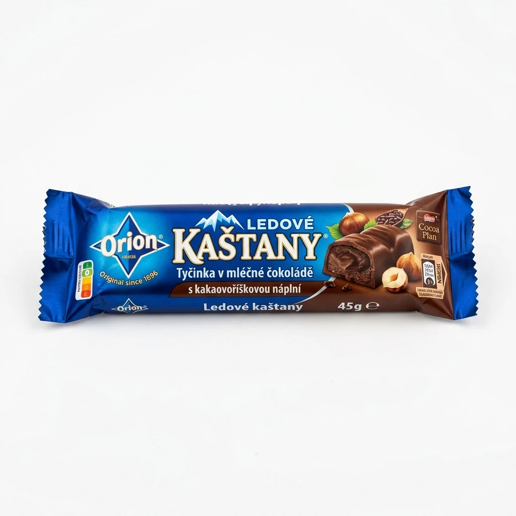 Orion Ledové kaštany Tyčinka v mléčné čokoládě s kakaovooříškovou náplní 48 x 45 g