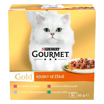 Gourmet Gold konzervy pro kočky kachna, pstruh, králík, telecí ve šťávě 8 x 85 g