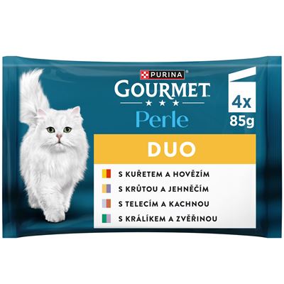 Gourmet Perle DUO kapsičky pro kočky kuře a hovězí, krůta a jehněčí, telecí a kachna, králík a zvěřina 4 x 85 g
