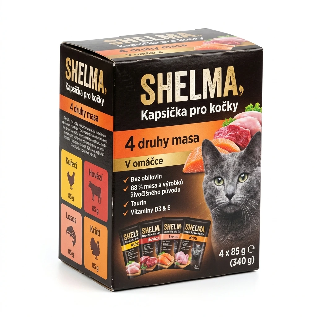SHELMA Kapsička pro kočky 4 druhy masa 4 x 85 g