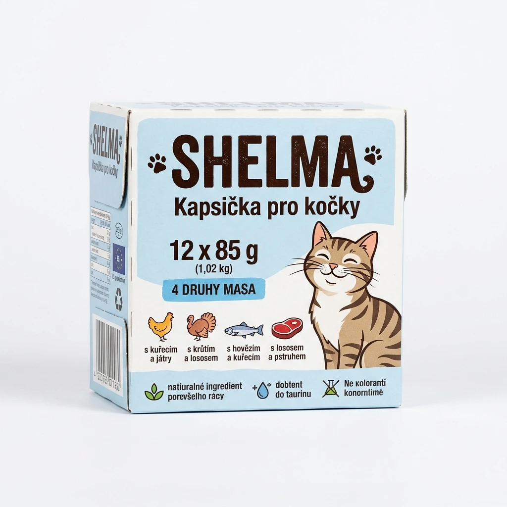 SHELMA Kapsička pro kočky 4 druhy masa 12 x 85 g