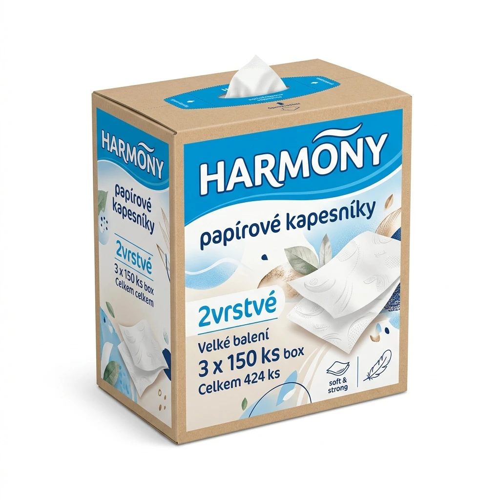 HARMONY kapesníky papírové 2vrstvé 3 x 150 ks box