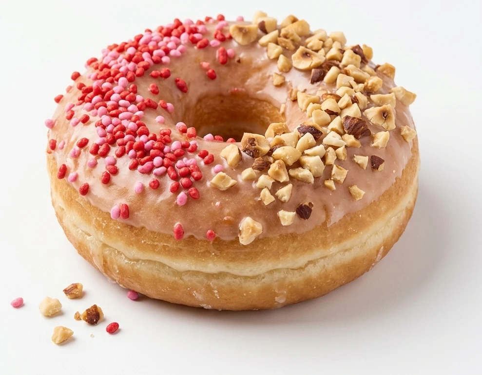 Donut s jahodovou, lískooříškovou náplní