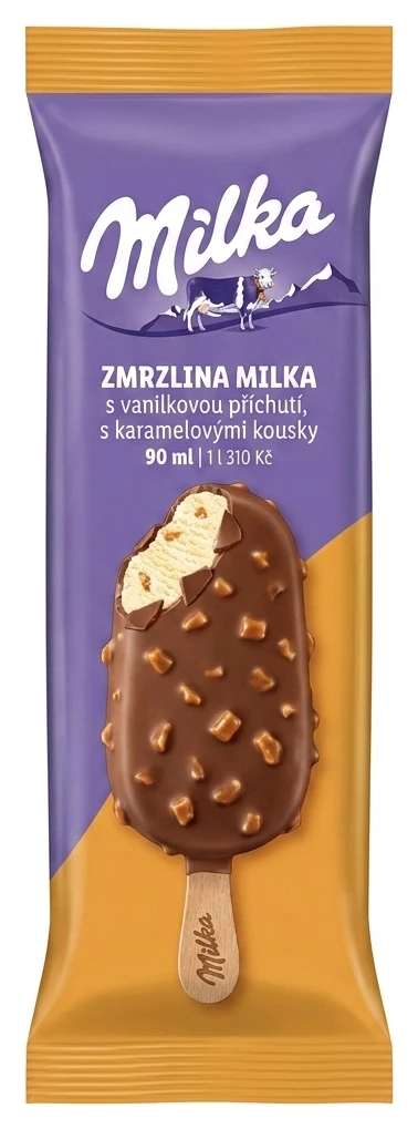 Zmrzlina Milka s vanilkovou příchutí s karamellovými kousky