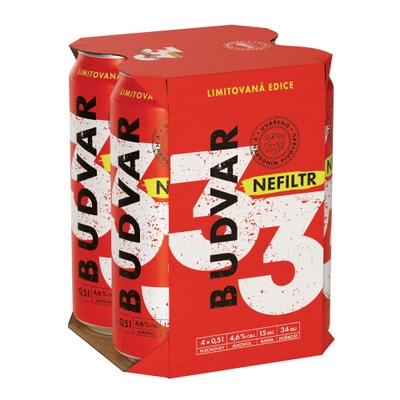 Budějovický Budvar 33 Nefiltr, světlý ležák plech (4x 500 ml)