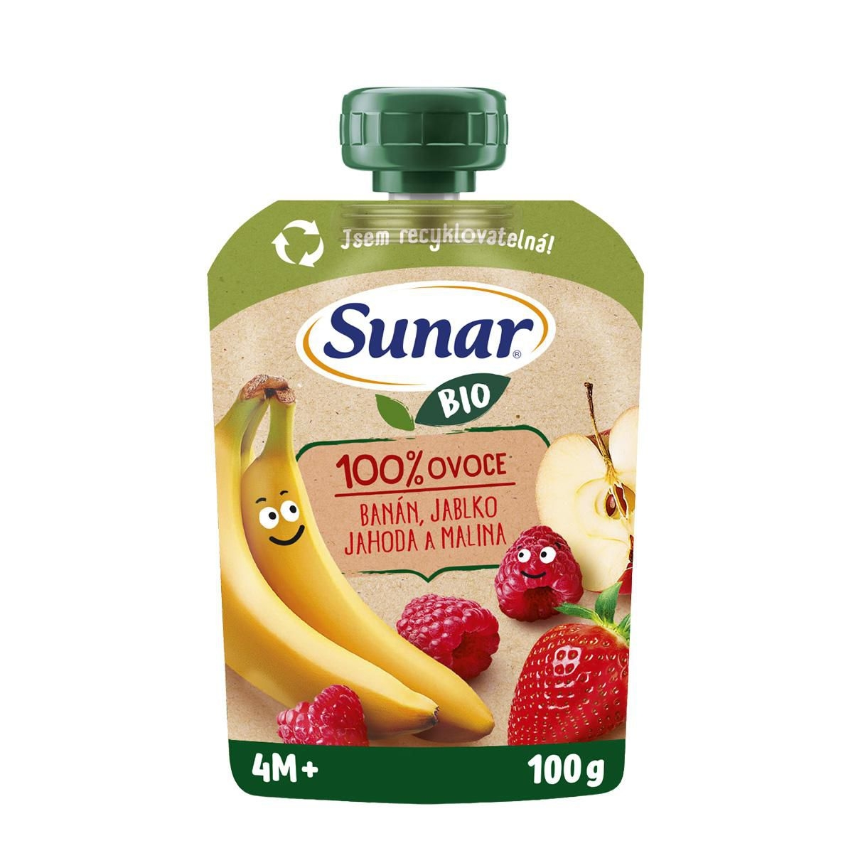 Sunar BIO ovocná kapsička Banán, jablko, jahoda, malina 4m+, 100g