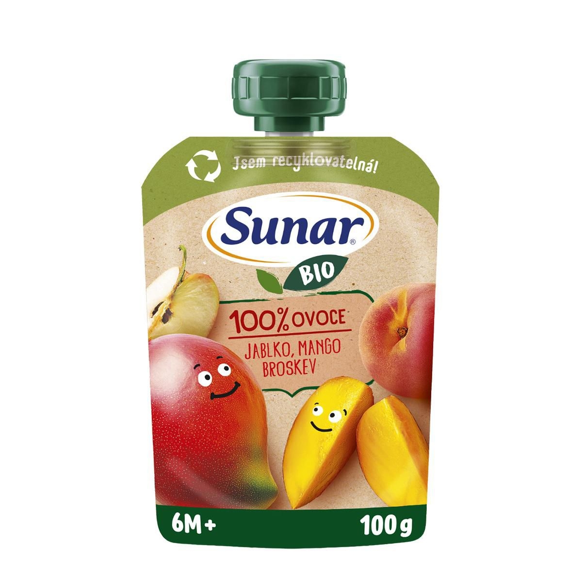 Sunar BIO ovocná kapsička Jablko, mango, broskev 6m+, 100g