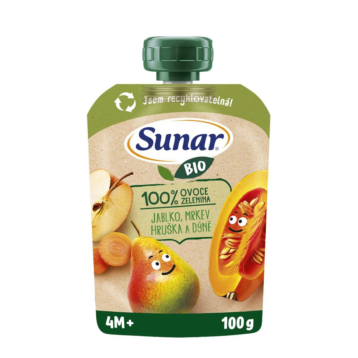Sunar BIO ovocno-zeleninová kapsička Jablko, hruška, mrkev, dýně 4m+, 100g