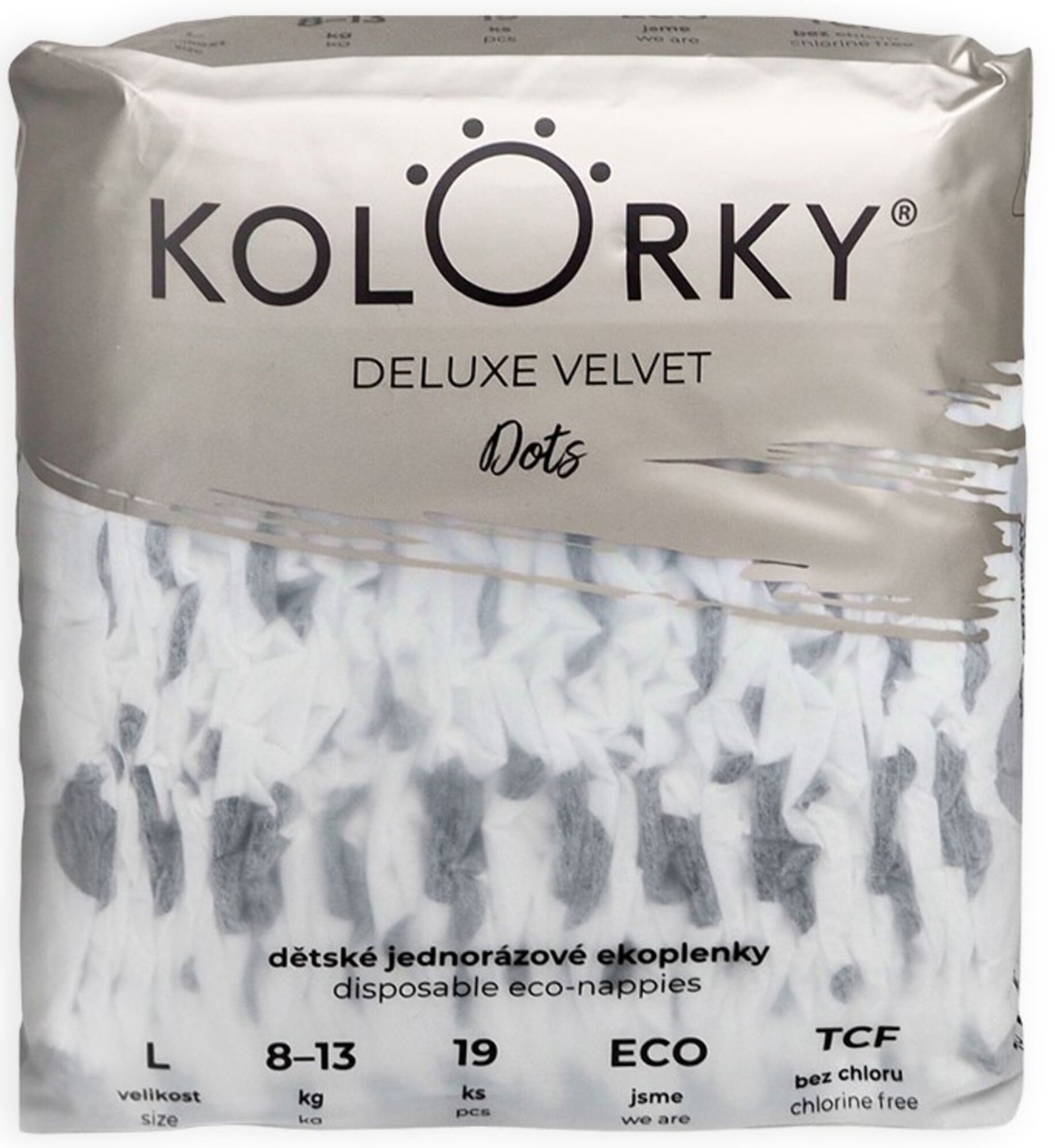 Kolorky EKO Jednorázové plenky deluxe velvet L puntíky (8–13 kg) 19 ks