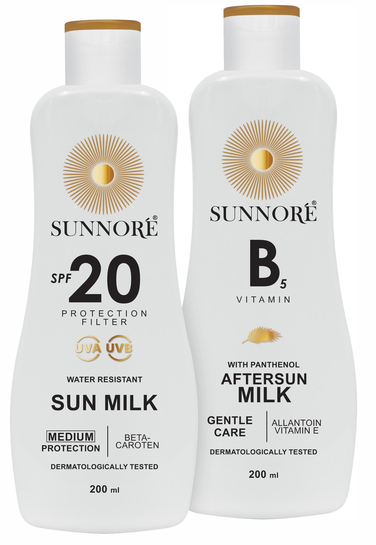 Sunnoré Duo balení – Opalovací mléko SPF 20 + Mléko po opalování 2x200ml