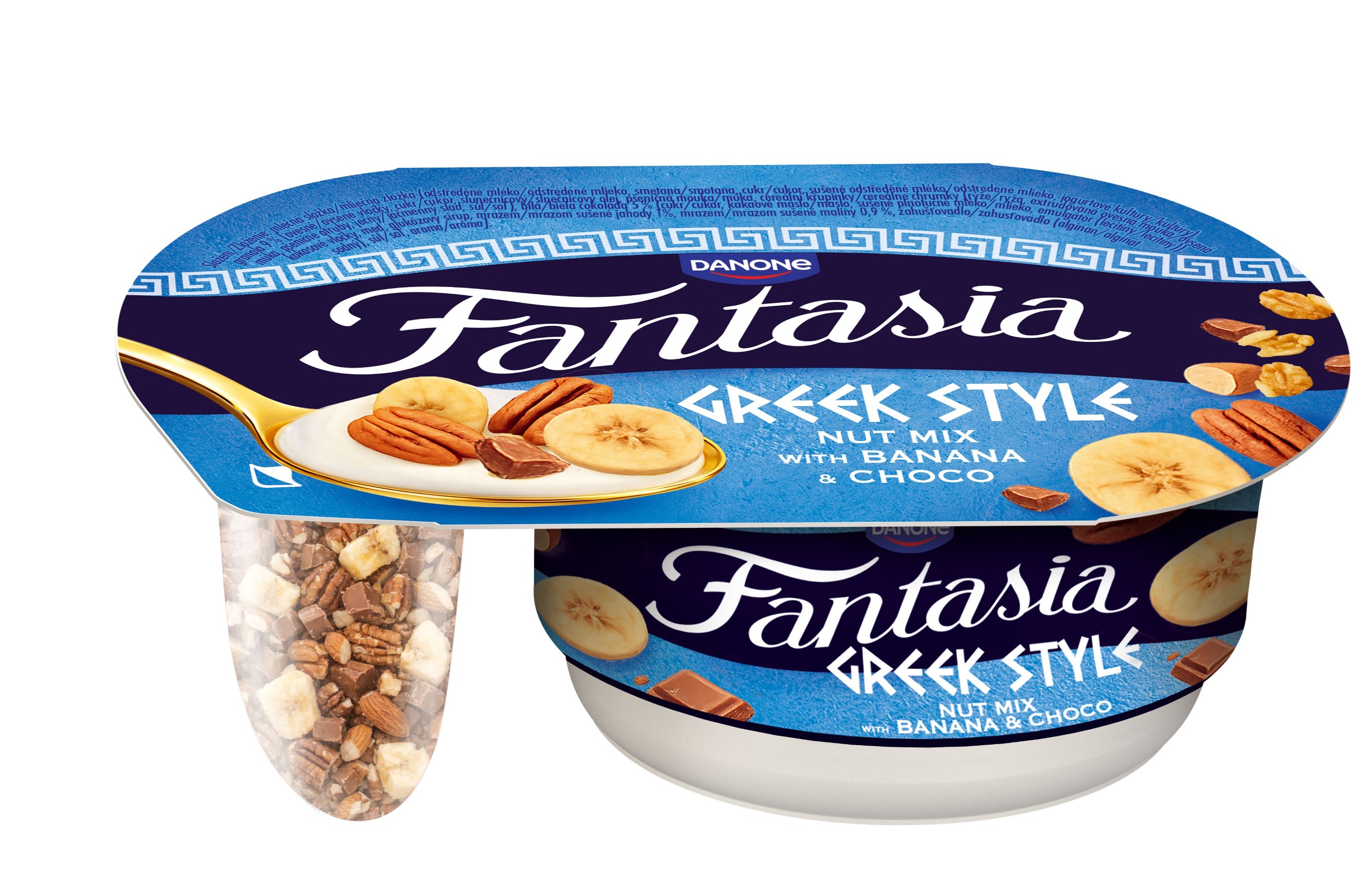 Fantasia Greek style slazený zakysaný výrobek s ořechy, banánem a čokovločkami 100g