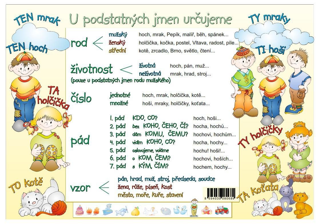 Tabulka - Co určujeme u podst. jmen + Výjimky u pod. jmen