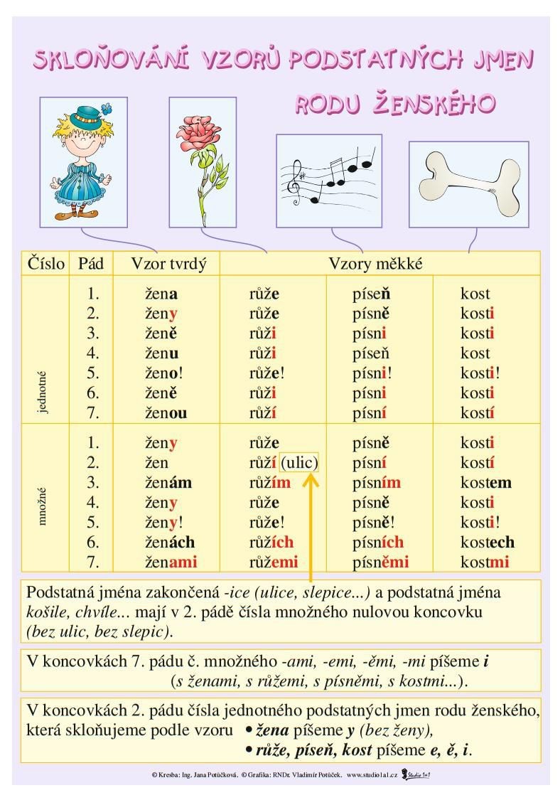 Tabulka - skloňování vzorů podstatných jmen rodu ženského+středního