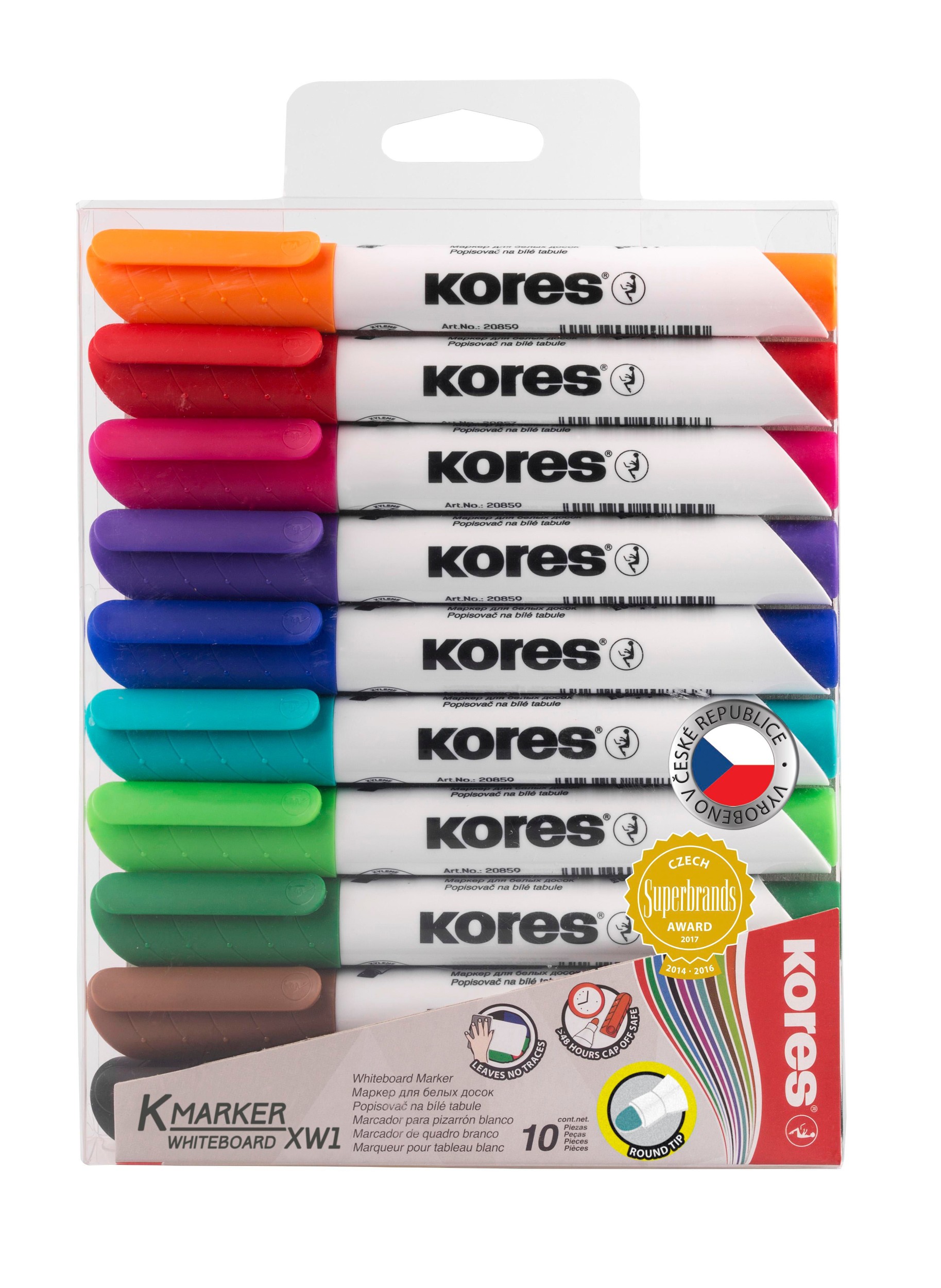 Popisovač KORES whiteboard /kulatý hrot, sada 10barev