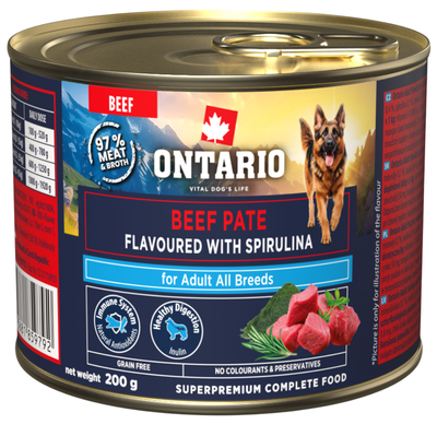 Ontario Konzerva Adult hovězí pate s příchutí spirulíny pro psy