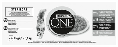 Purina ONE Sterilised kapsičky pro kočky hovězí, kuře, losos, krůta ve šťávě 60x85 g
