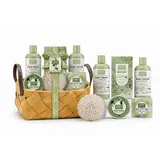 Janette dárková sada (sprch. gel 300 ml + sůl do koupele 200 g + tělové mléko 300 ml + peeling 60 ml + bomby do koupele 4 x 25 g + žínka) Olive košík