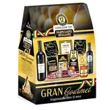 Gran Gourmet dárková sada (sýr 125 g + víno 750 ml + ocet 250 ml + těstoviny 2 x 250 g + omáčka 185 - 190 g + čočka 150 g + slané kroužky 100 g + salám 100 g + houby 15 g)