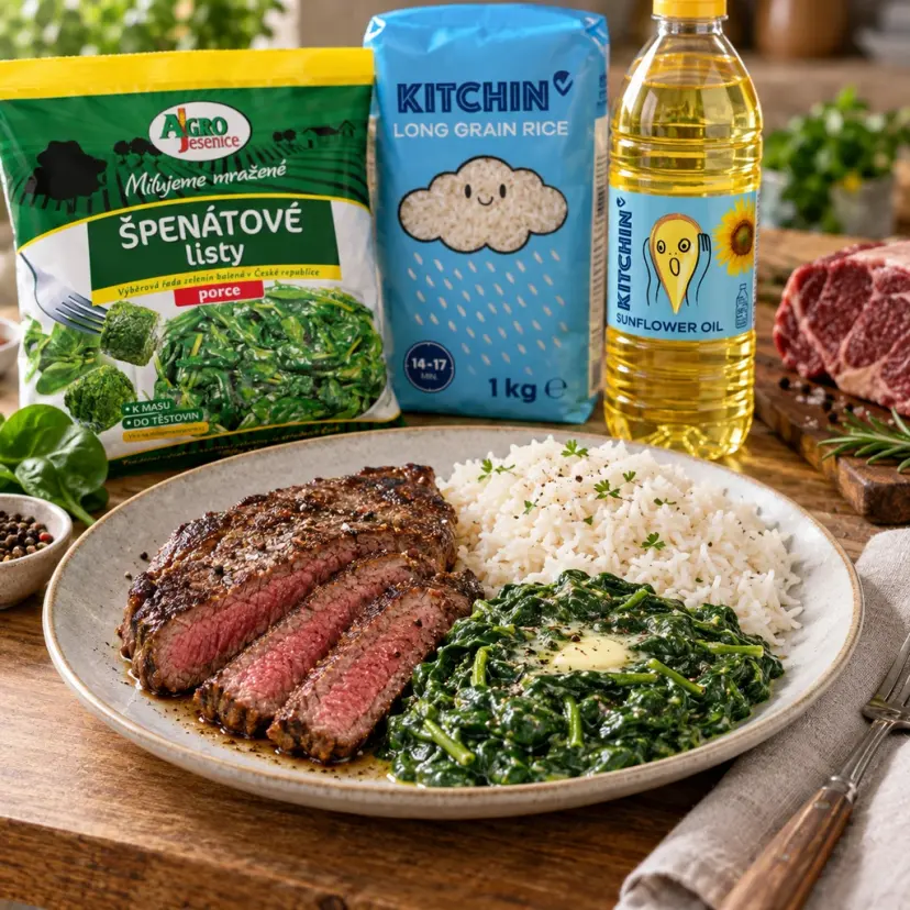 Hovězí striploin steak s máslovým špenátem a rýží