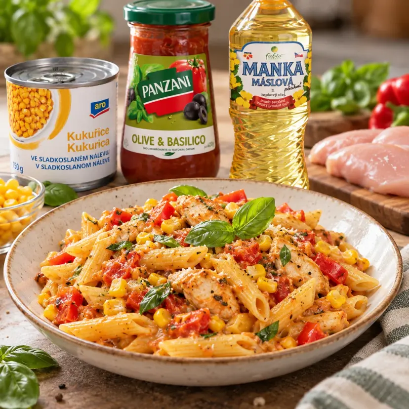Kuřecí penne s paprikou a bazalkovou omáčkou